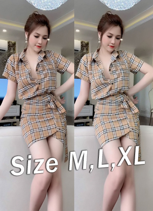 Set nguyên bộ áo sơ mi chân váy chữ A thắt nơ họa tiết BBR xinh xắn