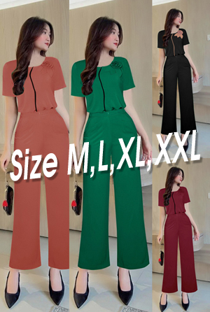 Set nguyên bộ quần dài ống suông áo đính hoa hồng xinh xắn
