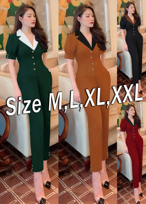 Set nguyên bộ quần dài áo cổ vest phối màu dây kéo sau lưng xinh xắn