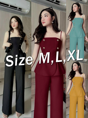 Set nguyên bộ quần dài ống suông áo 2 dây phối nút xinh xắn
