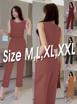 Set nguyên bộ quần dài suông, áo cổ thuyền sát nách khoét lưng V phối nút xinh xắn
