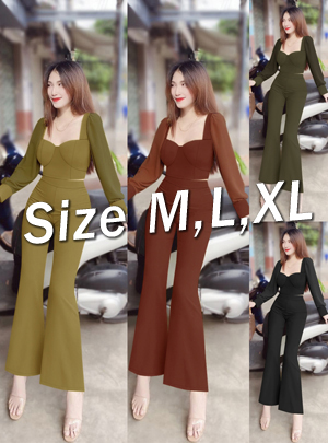 Set nguyên bộ quần dài ống loe áo lửng tay dài phối voan xinh xắn