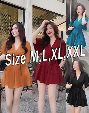 Set nguyên bộ áo cổ V thắt đai quần rời 2 túi xinh xắn