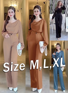 Set nguyên bộ áo tay dài cổ đổ quần ống suông xinh xắn