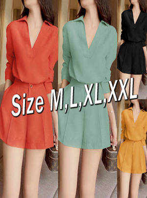 Set nguyên bộ áo cổ V tay dài quần short lưng thun thoải mái