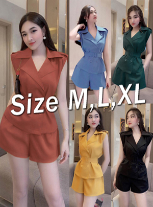 Set nguyên bộ quần short lưng thun áo cổ vest kèm belt rời