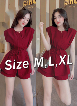 Set nguyên bộ quần short áo tay chòm xếp ly eo (dây cột trước sau đều được)