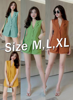 Set nguyên bộ quần short áo cổ vest form dài 2 nắp túi xinh xắn