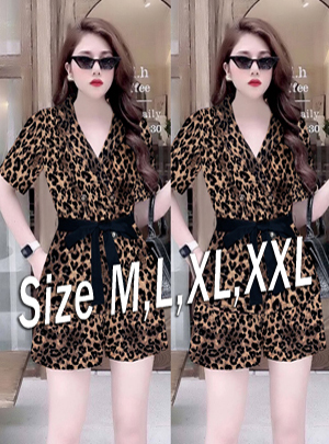 Set nguyên bộ quần short áo 4 nút cổ vest thắt dây họa tiết beo xinh xắn