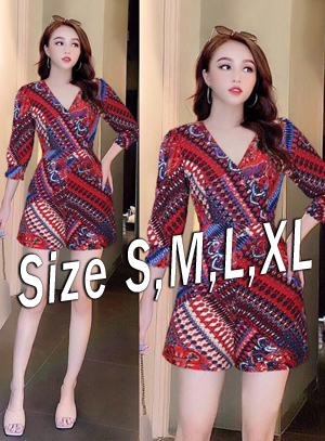 Jum short cổ tim tay lỡ họa tiết dây kéo lưng xinh xắn