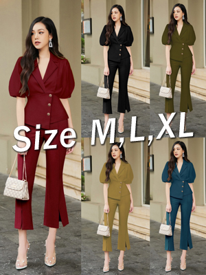 Set nguyên bộ quần lửng ống loe xẻ, áo cổ vest xinh xắn