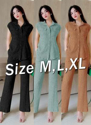 Set bộ lụa xốp quần dài ống suông áo sơ mi 2 túi xinh xắn