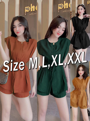 Set nguyên bộ quần short áo tay chòm xếp ly eo (dây cột trước sau đều được)