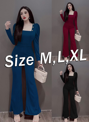 Jum dài ống loe cổ vuông phối nút kiểu dây kéo lưng xinh xắn